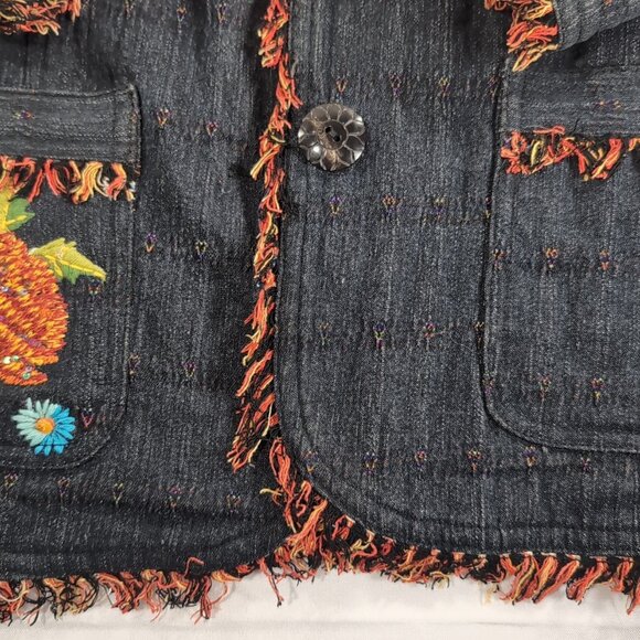 Yak Magik Denim Jacket Collar Embroidered Floral Fringe Sequin Blazer Blue Red L - Picture 15 of 16